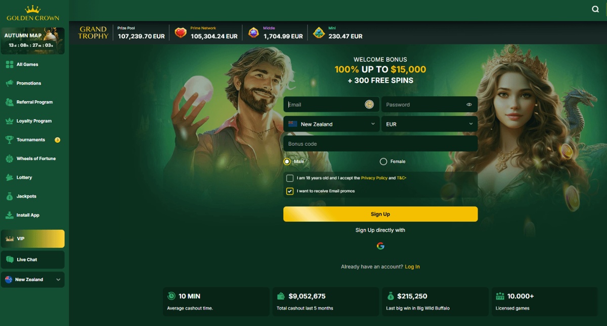 Golden Crown casino homepage showing the welcome bonus of 100% up to $15,000 + 300 free spins